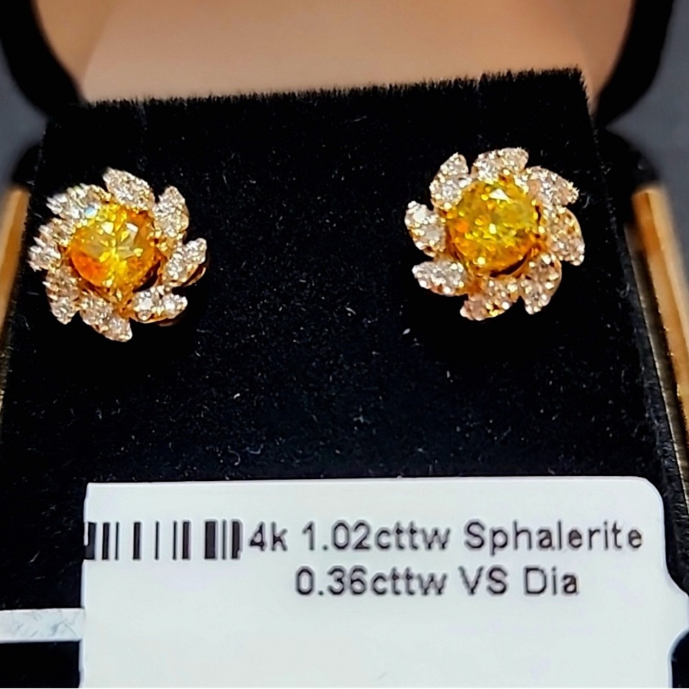Rare Diamond & Sphalerite Earrings in a Unique Diamond Halo 14k Gold, MUST READ